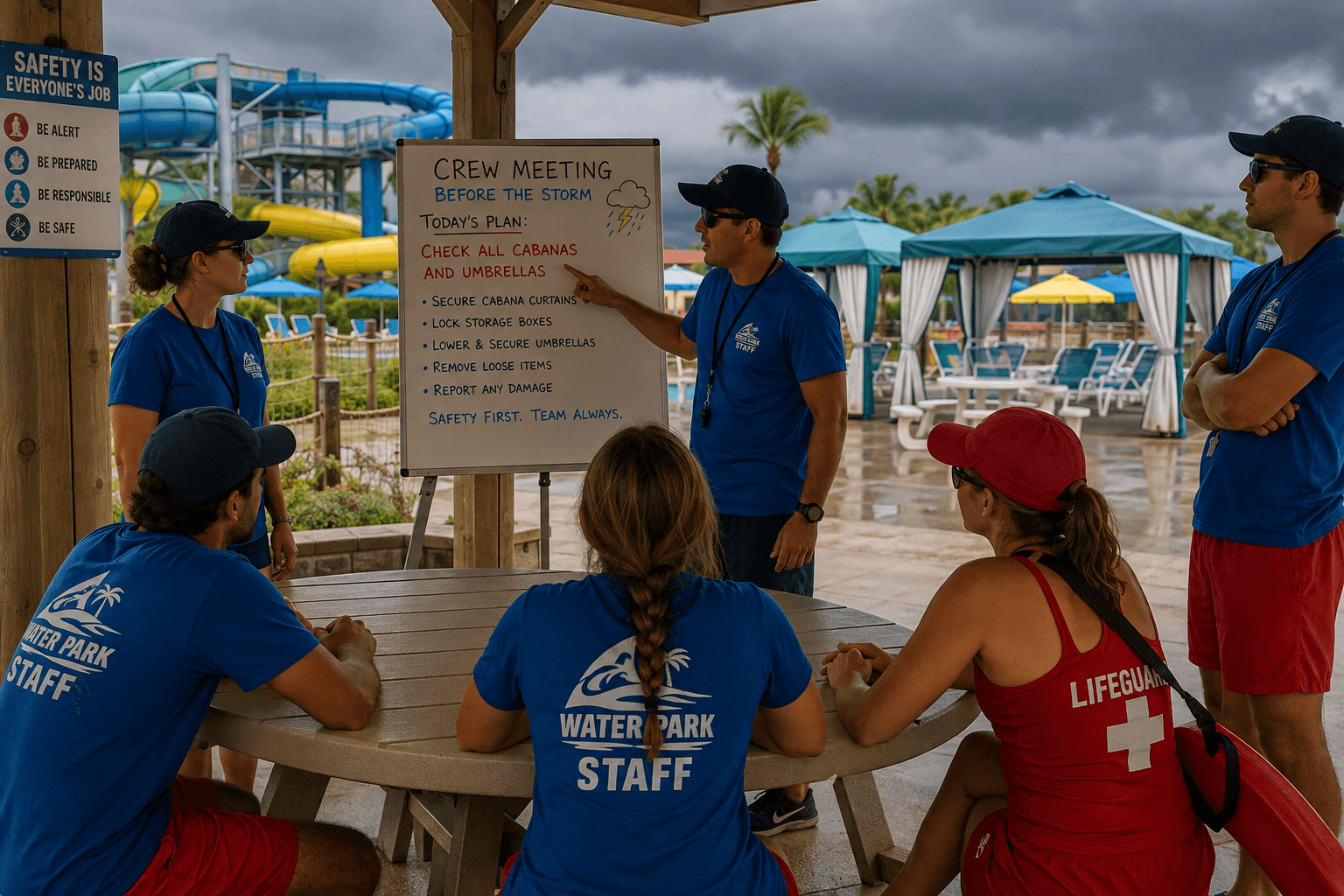 Waterpark staff reviewing a storm preparedness plan for securing cabanas, umbrellas, and outdoor furniture before severe weather
